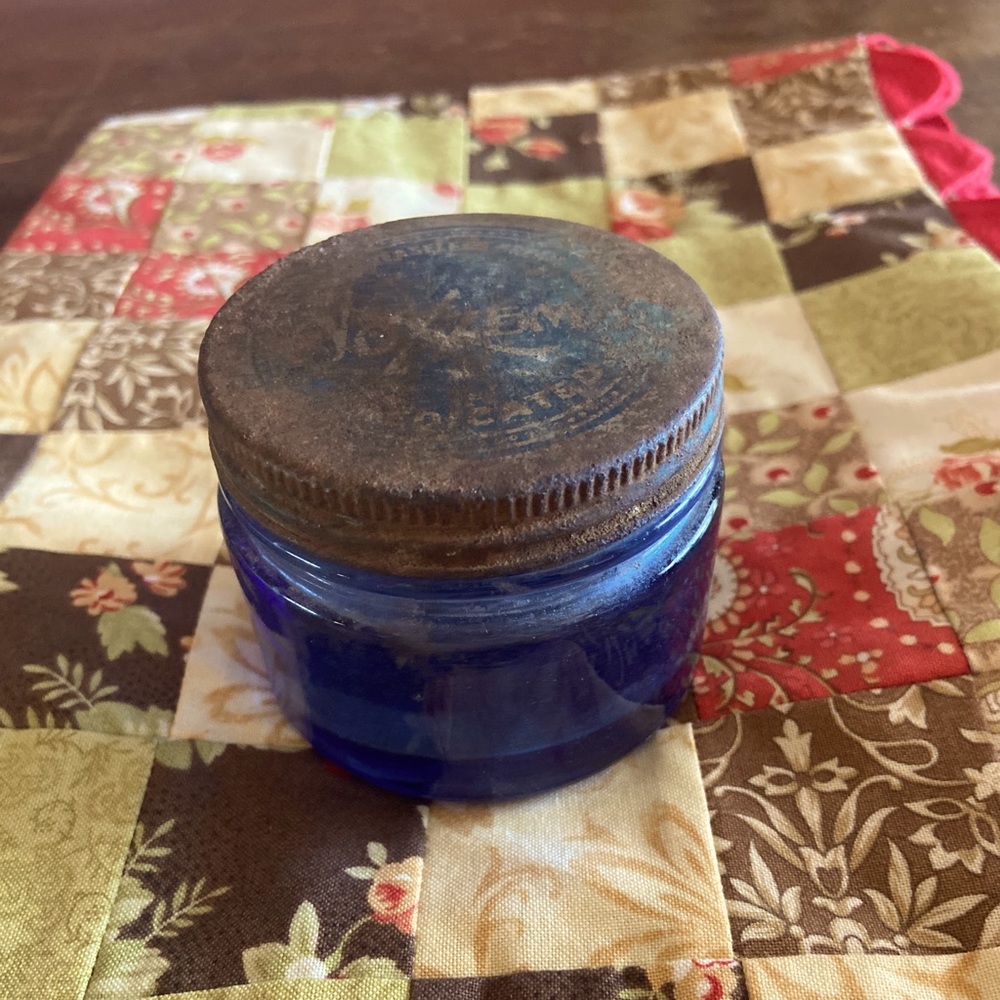 Vintage cobalt blue Noxema jar with lid